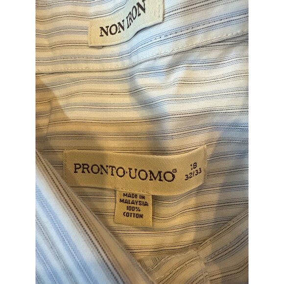 Pronto Uomo Non-Iron Mens Striped Button-Down Shirt Size 18 32/33 Blue & White C - Picture 6 of 9